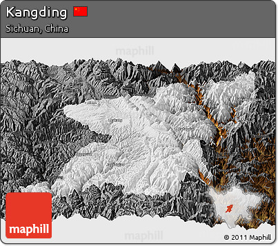 Physical Panoramic Map of Kangding, darken