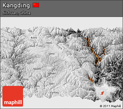 Physical Panoramic Map of Kangding, desaturated