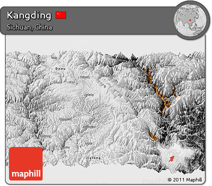 Physical Panoramic Map of Kangding, desaturated