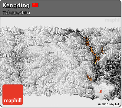 Physical Panoramic Map of Kangding, desaturated