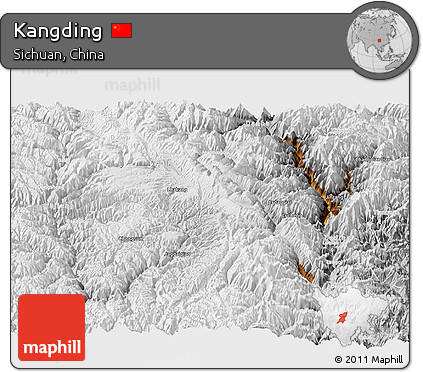 Physical Panoramic Map of Kangding, lighten, desaturated