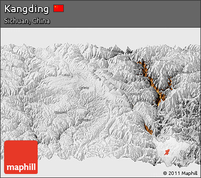 Physical Panoramic Map of Kangding, lighten, desaturated