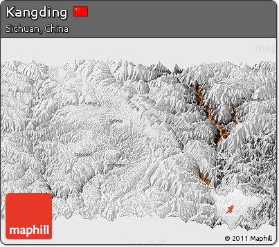 Physical Panoramic Map of Kangding, lighten, desaturated