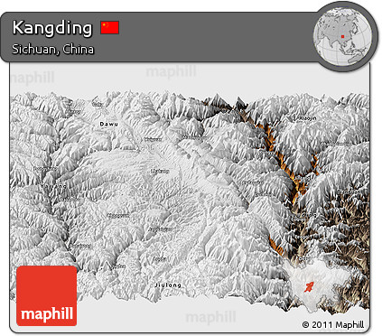Physical Panoramic Map of Kangding, semi-desaturated