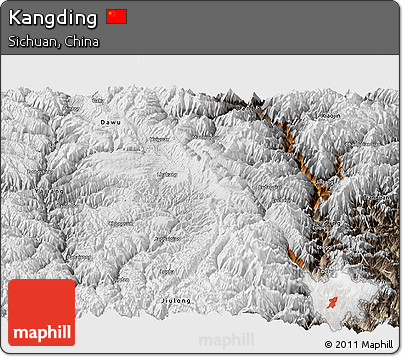 Physical Panoramic Map of Kangding, semi-desaturated