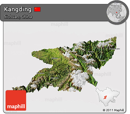 Satellite Panoramic Map of Kangding, cropped outside
