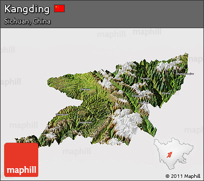 Satellite Panoramic Map of Kangding, cropped outside