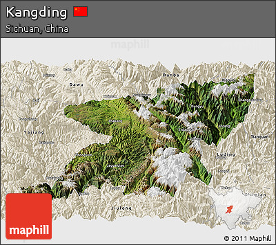 Satellite Panoramic Map of Kangding, shaded relief outside