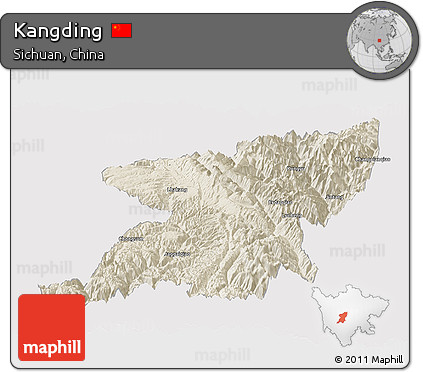 Shaded Relief Panoramic Map of Kangding, cropped outside