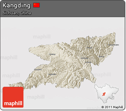 Shaded Relief Panoramic Map of Kangding, cropped outside