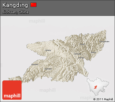 Shaded Relief Panoramic Map of Kangding, cropped outside