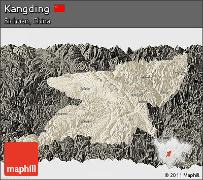 Shaded Relief Panoramic Map of Kangding, darken