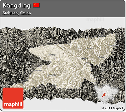 Shaded Relief Panoramic Map of Kangding, darken