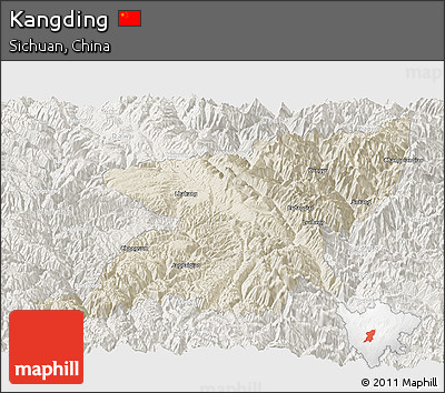 Shaded Relief Panoramic Map of Kangding, lighten