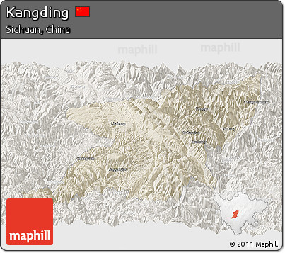 Shaded Relief Panoramic Map of Kangding, lighten