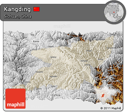 Shaded Relief Panoramic Map of Kangding, physical outside