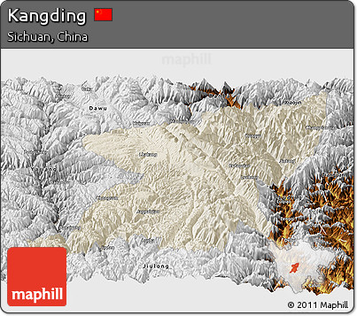 Shaded Relief Panoramic Map of Kangding, physical outside