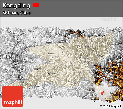 Shaded Relief Panoramic Map of Kangding, physical outside