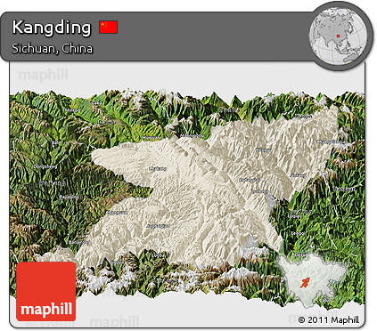 Shaded Relief Panoramic Map of Kangding, satellite outside