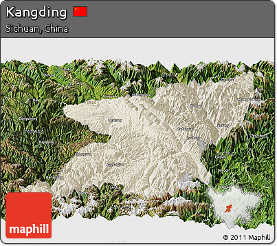 Shaded Relief Panoramic Map of Kangding, satellite outside
