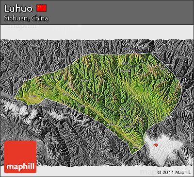 Satellite 3D Map of Luhuo, desaturated
