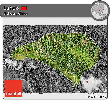 Satellite 3D Map of Luhuo, desaturated