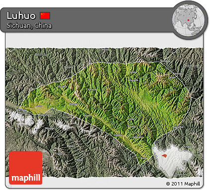 Satellite 3D Map of Luhuo, semi-desaturated