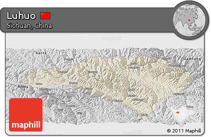 Shaded Relief Panoramic Map of Luhuo, desaturated