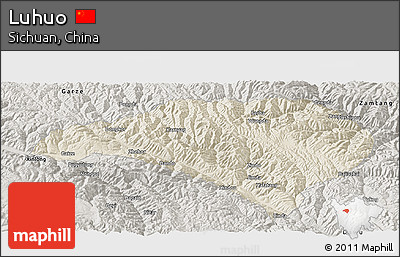 Shaded Relief Panoramic Map of Luhuo, semi-desaturated