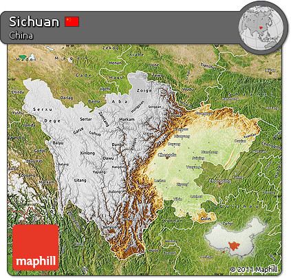 Physical Map of Sichuan, satellite outside