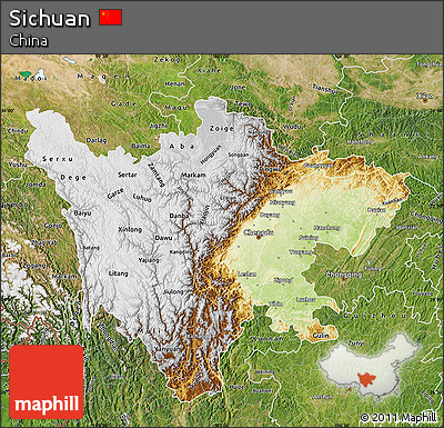 Physical Map of Sichuan, satellite outside