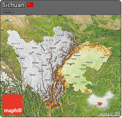 Physical Map of Sichuan, satellite outside