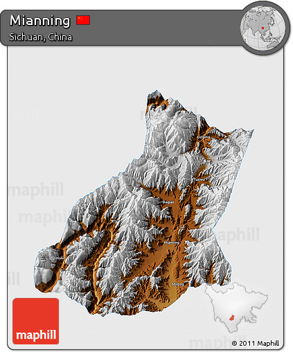 Physical 3D Map of Mianning, single color outside