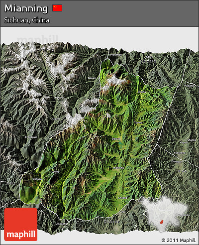 Satellite 3D Map of Mianning, semi-desaturated
