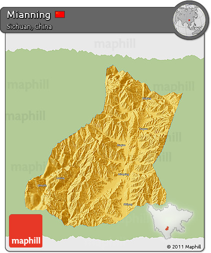 Savanna Style 3D Map of Mianning, single color outside