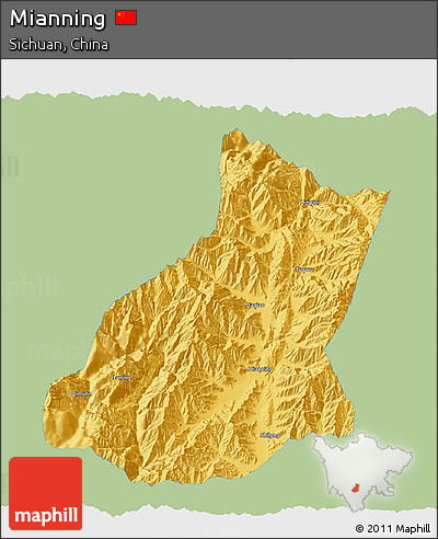 Savanna Style 3D Map of Mianning, single color outside