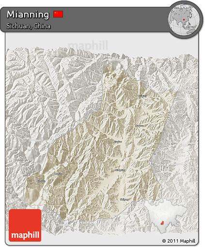 Shaded Relief 3D Map of Mianning, lighten