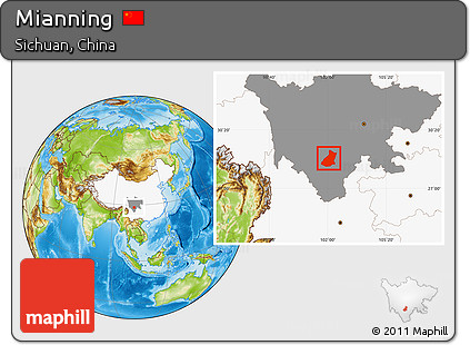Physical Location Map of Mianning, highlighted country, highlighted parent region