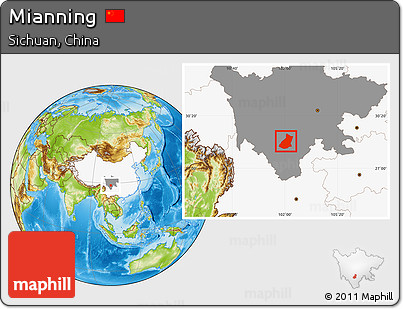 Physical Location Map of Mianning, highlighted country, highlighted parent region