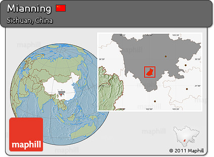 Savanna Style Location Map of Mianning, highlighted country, highlighted parent region, hill shading