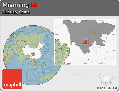 Savanna Style Location Map of Mianning, highlighted country, highlighted parent region, hill shading