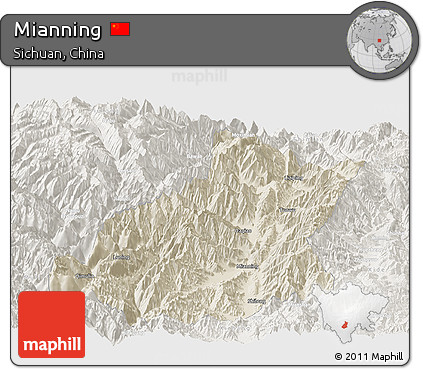 Shaded Relief Panoramic Map of Mianning, lighten