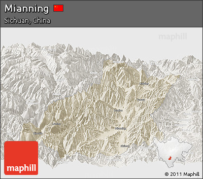 Shaded Relief Panoramic Map of Mianning, lighten