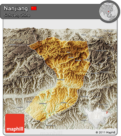 Physical 3D Map of Nanjiang, semi-desaturated