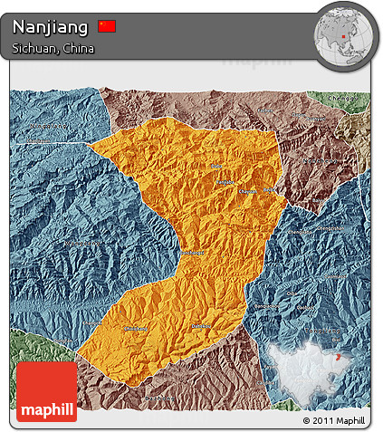 Political 3D Map of Nanjiang, semi-desaturated