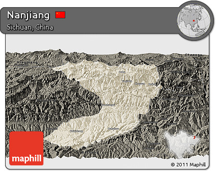 Shaded Relief Panoramic Map of Nanjiang, darken