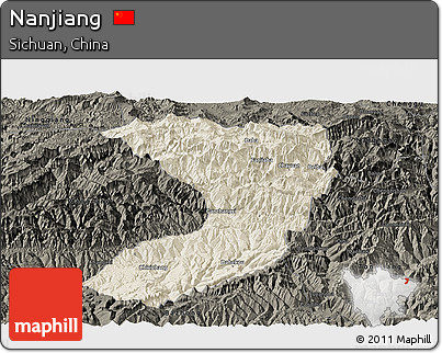 Shaded Relief Panoramic Map of Nanjiang, darken