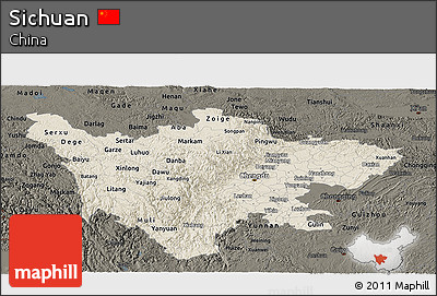 Shaded Relief Panoramic Map of Sichuan, darken