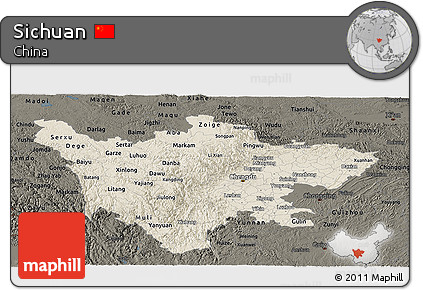 Shaded Relief Panoramic Map of Sichuan, darken