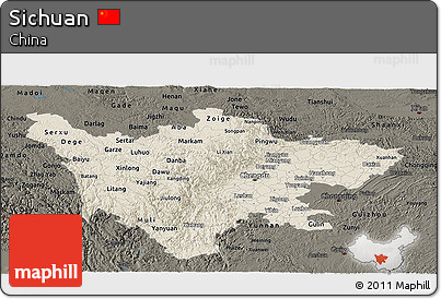 Shaded Relief Panoramic Map of Sichuan, darken